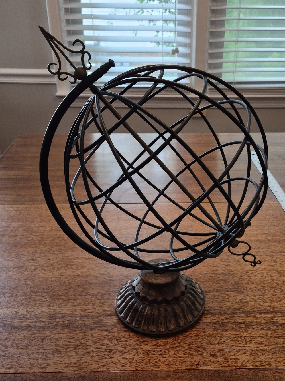 Black Metal Armillary Sphere With Antique Brass Arrow Sculpture with Brown Base